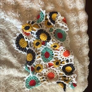 Handmade Crochet Floral Motif Scarf in White, Yellow, Teal, Red, Orange & Black